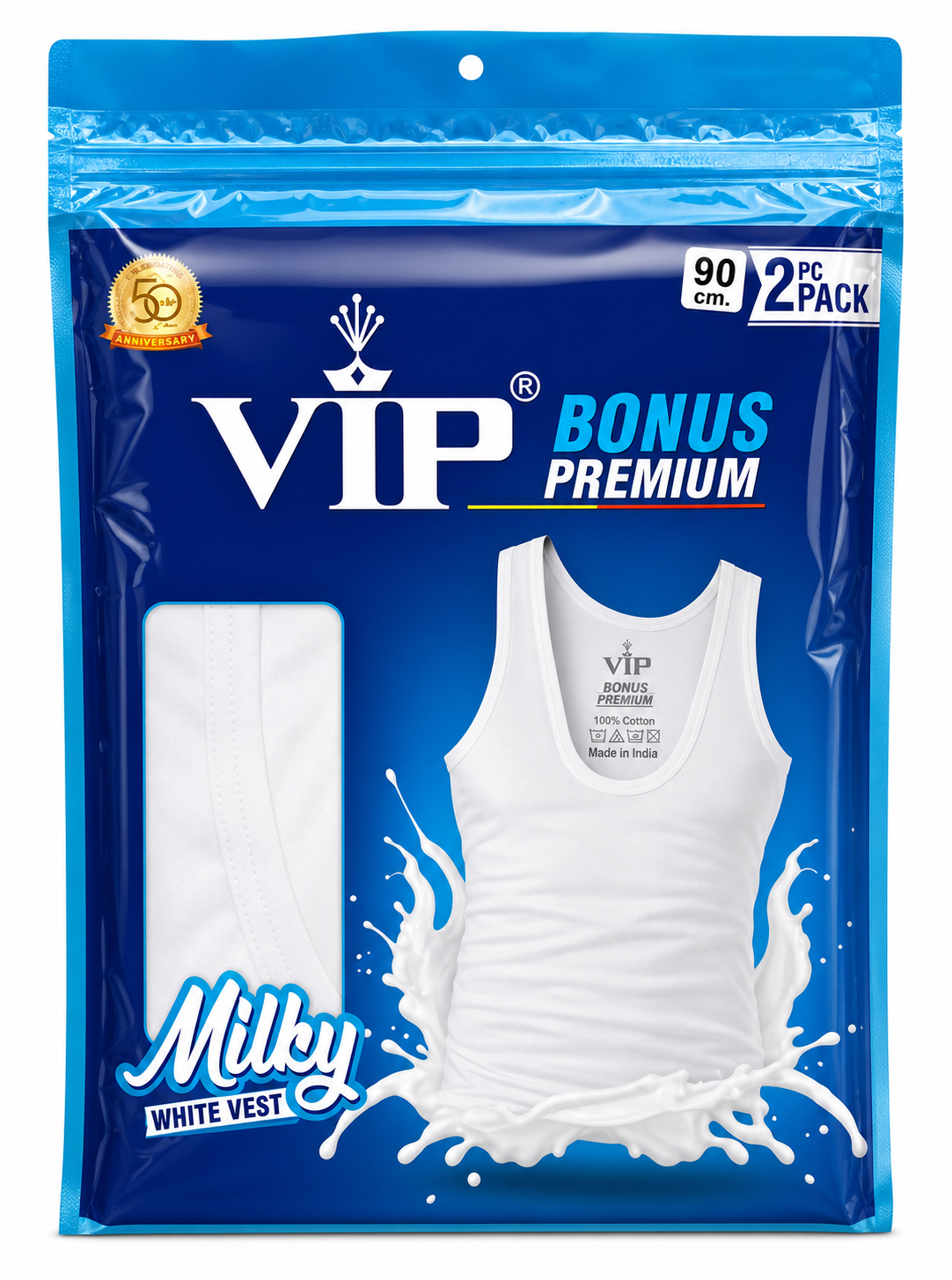 1780983393462-019eaae1-0538-7774-8258-c1751caacf34 V.I.P Bonus Premium Mens White Plain Vest (Pack Of 1) - Image 1