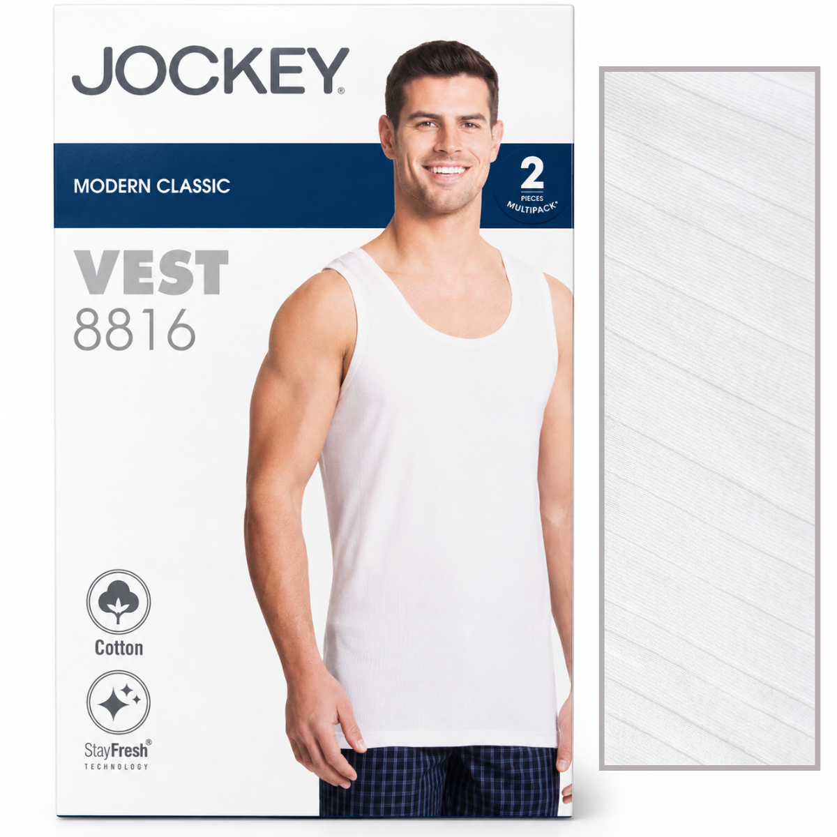 388 Jockey Self Stripes White Vest #8816 (Pack Of 2) - Image 1